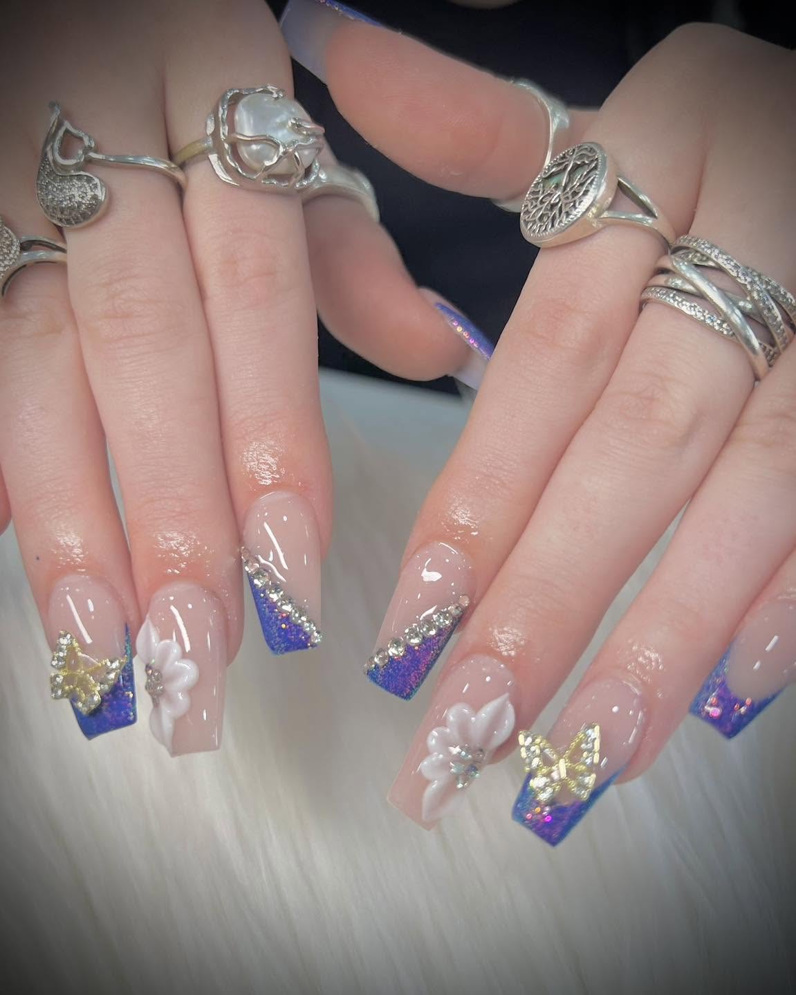 Blue and gold nail art detailing