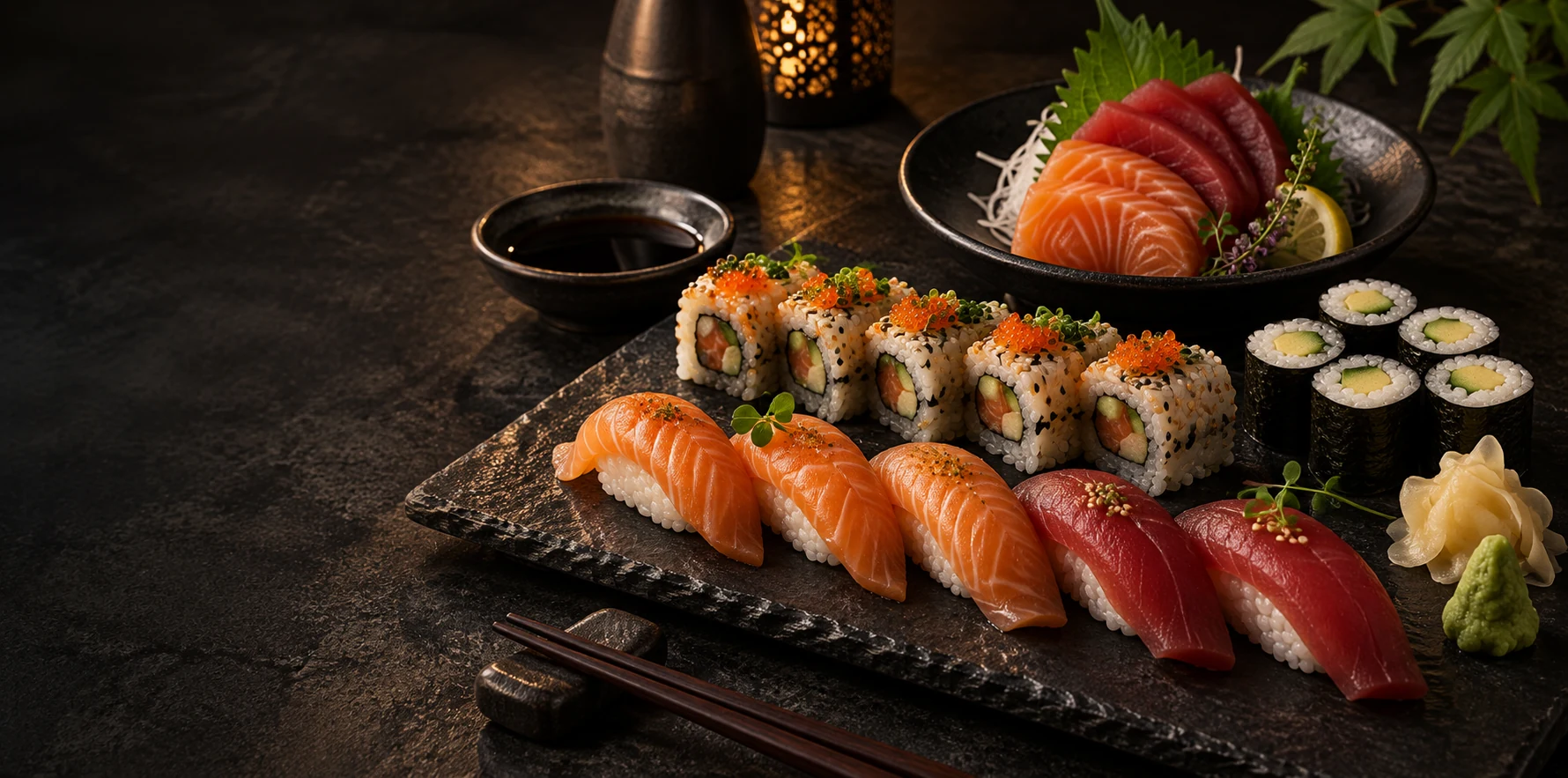 Sushi und Sashimi auf schwarzer Keramik in dunkler Restaurantatmosphäre