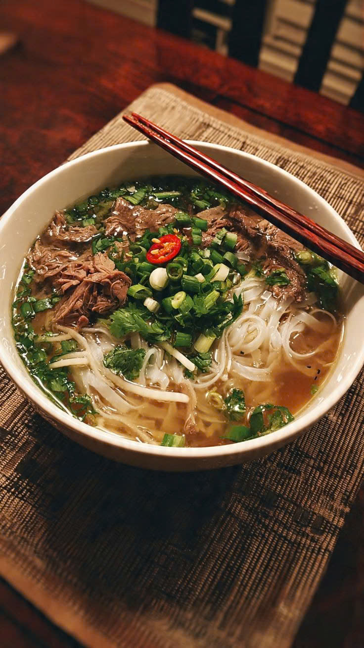 Vietnamesische Phở mit Rindfleisch und frischen Kräutern