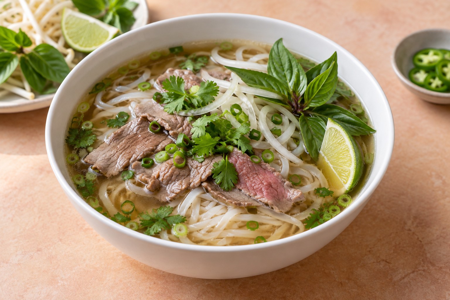 Phở mit Reisbandnudeln, vietnamesischen Kräutern und Limette