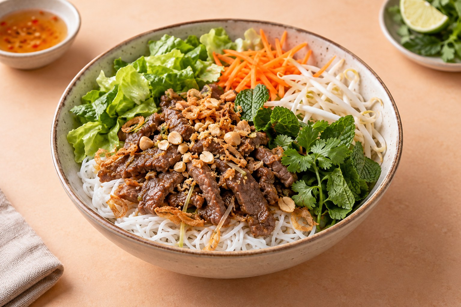 Bún Bò Nam Bộ mit Rindfleisch, Reisnudeln und Kräutern