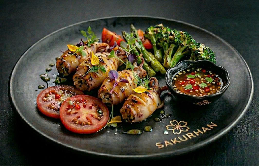 Gegrillter Tintenfisch mit Gemüse auf SAKURHAN Teller