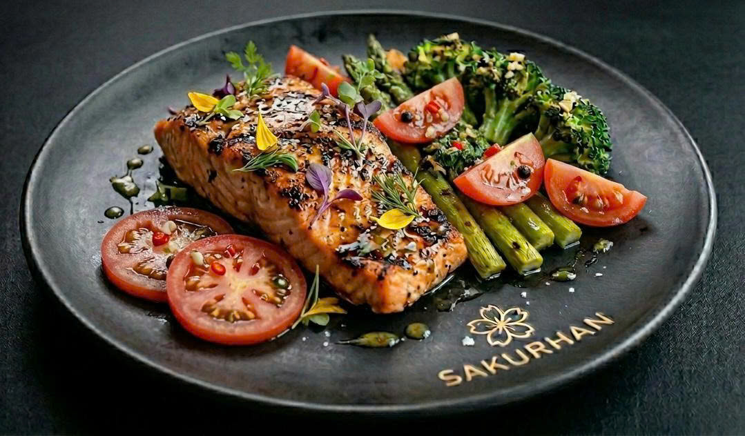 Lachsgericht mit Grillgemüse auf SAKURHAN Teller