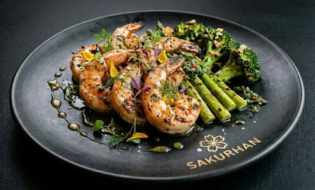 Gegrillte Garnelen mit Spargel auf SAKURHAN Teller