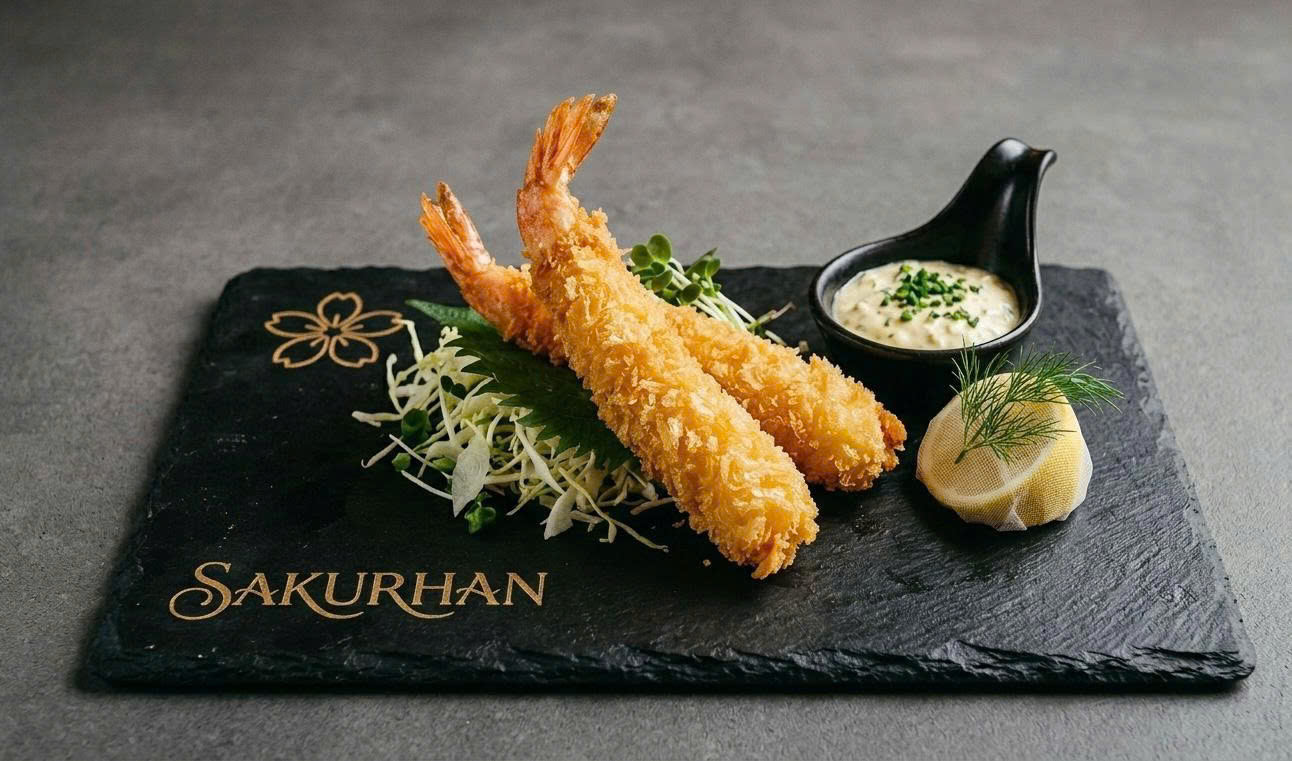 Knusprige Ebi Tempura auf SAKURHAN Schieferplatte