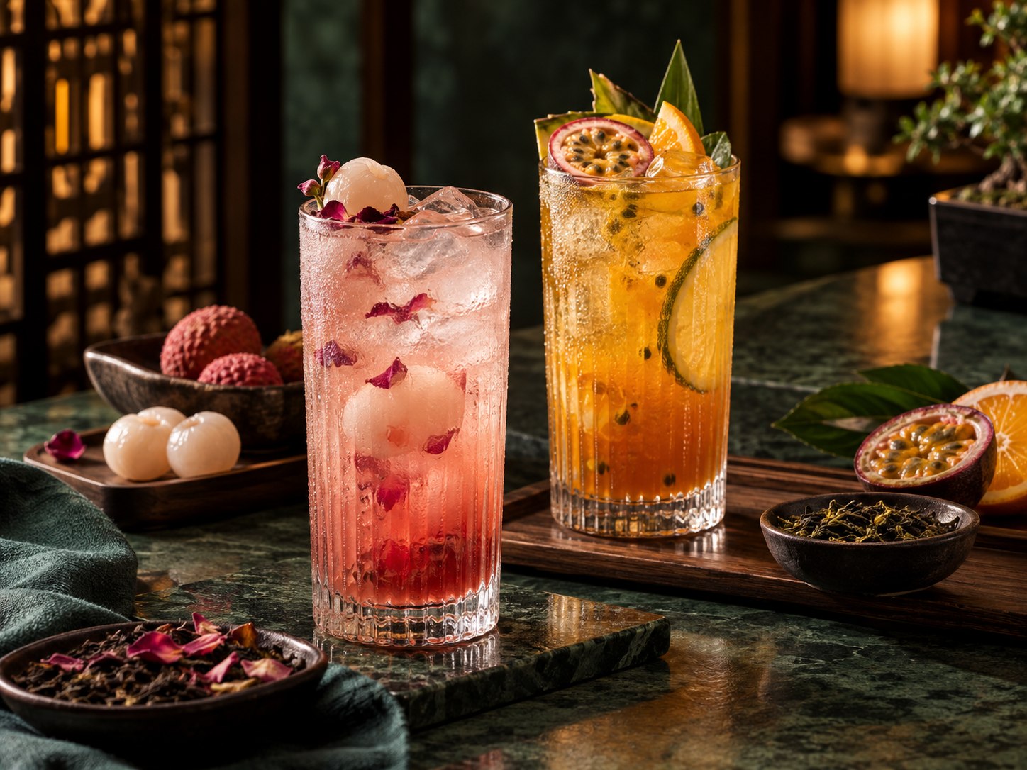 Hausgemachte Lychee-Rose und Tropical Eistees