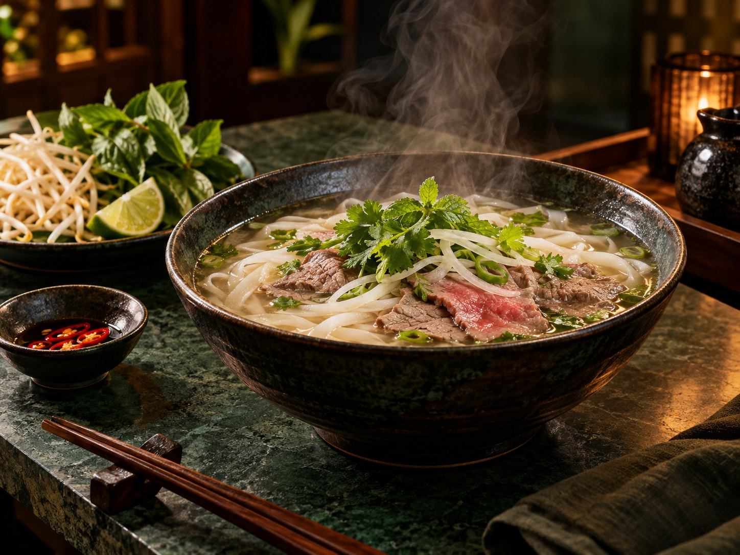 Dampfende vietnamesische Pho-Suppe