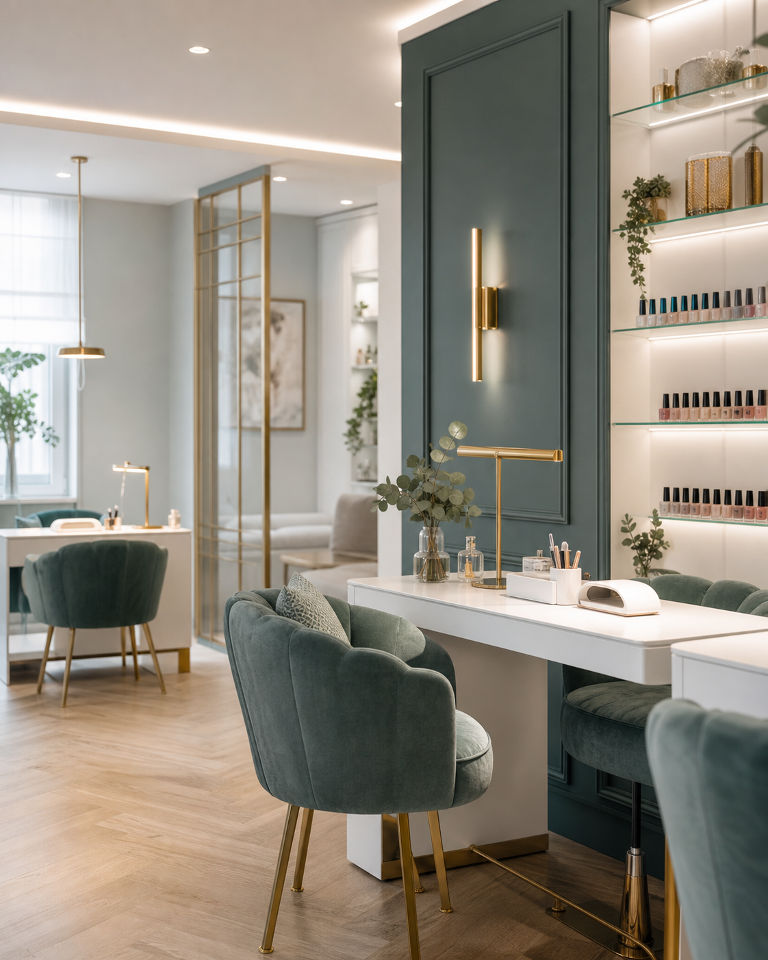 Eleganter Salonbereich in Eukalyptusgrün und Champagnergold