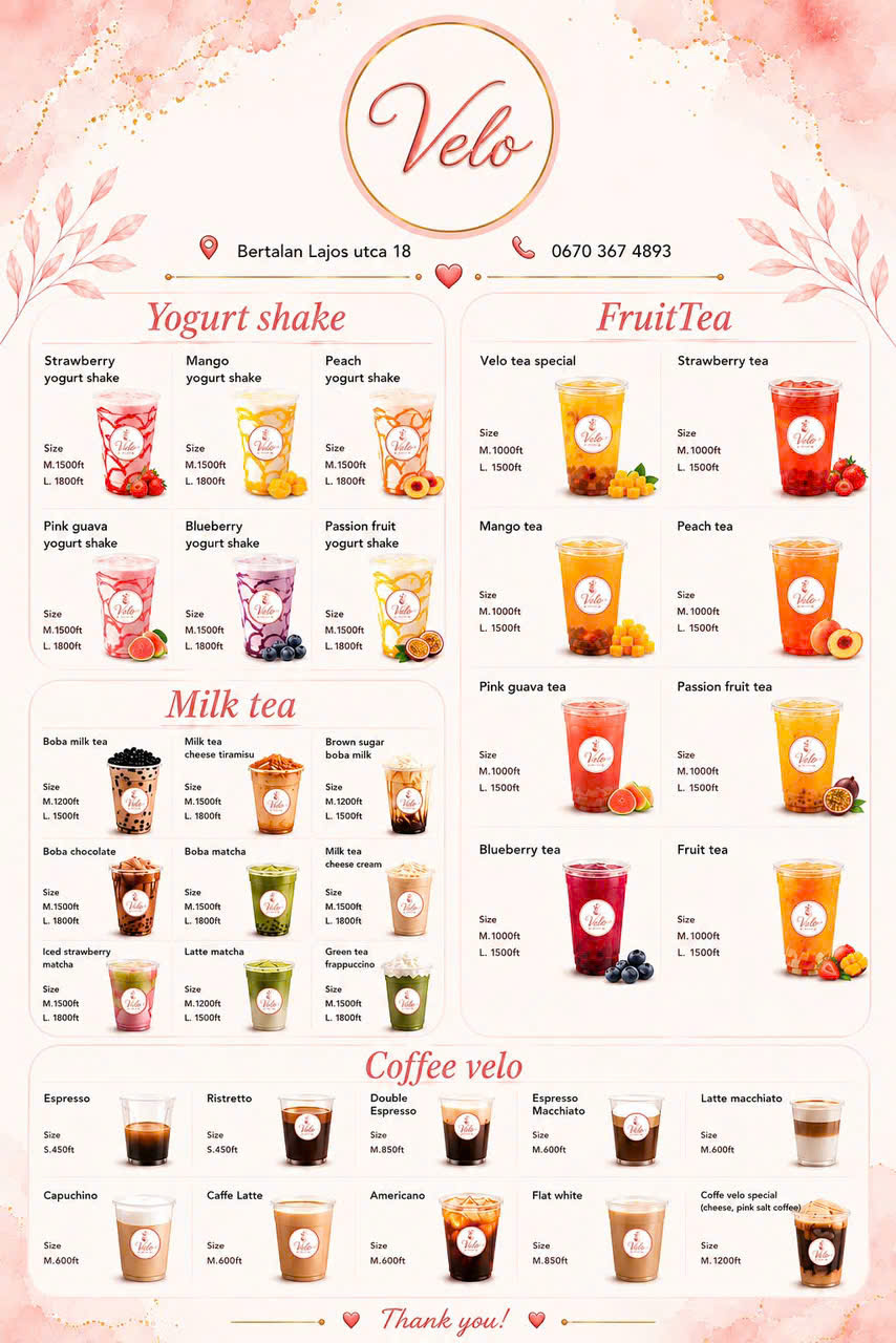 Velo drink menu with yogurt shake, fruit tea, milk tea and coffee prices