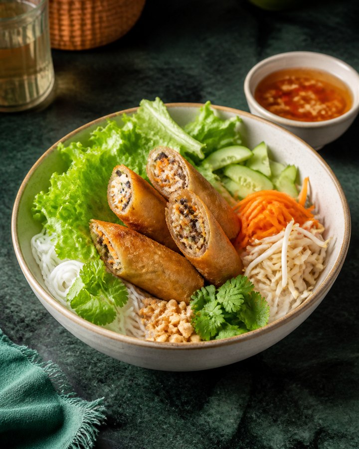 Bún chả giò chay mit vegetarischen Frühlingsrollen und Reisnudeln