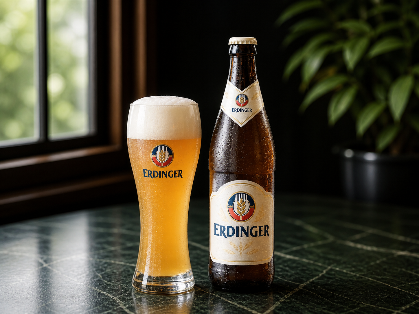 Gekühlte Erdinger-Hefeweizen-Flasche mit naturtrübem Weizenbier