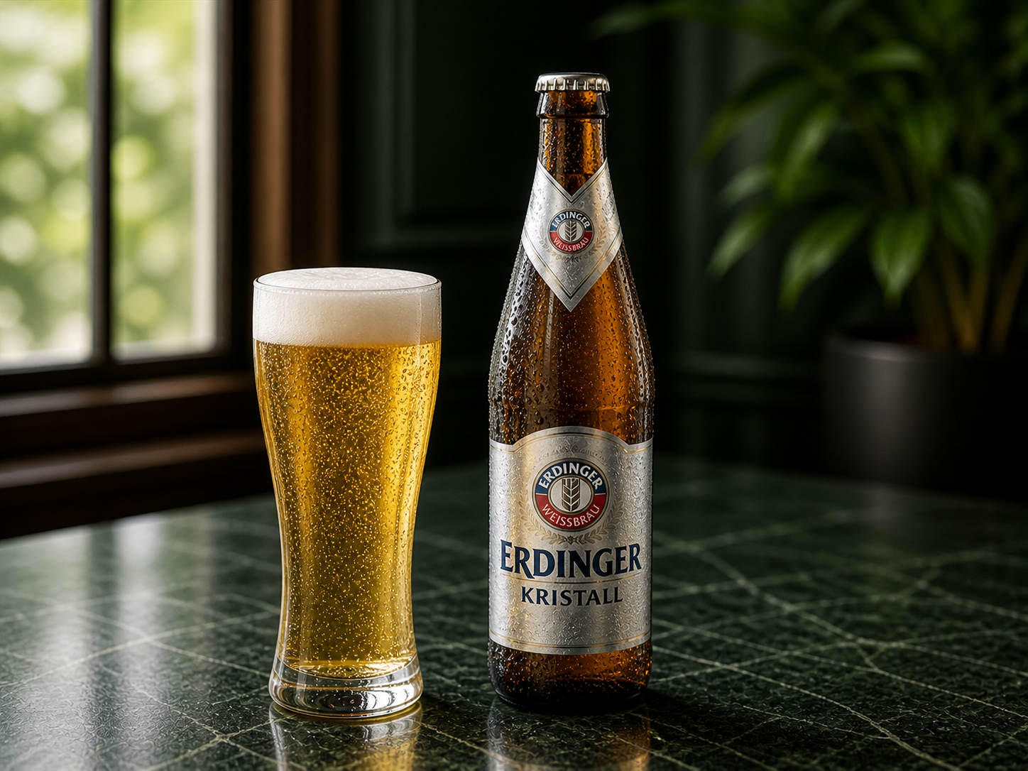 Gekühlte Erdinger-Kristall-Flasche mit klarem goldenem Weißbier