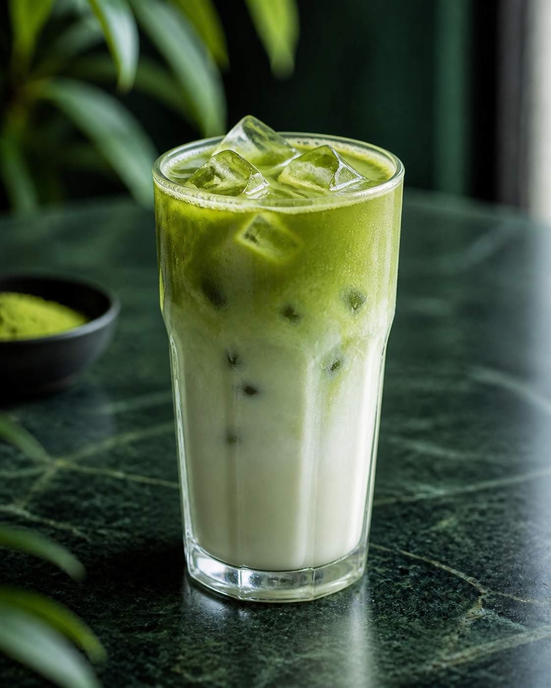 Iced Matcha Latte 450 ml mit Eiswürfeln im hohen Glas