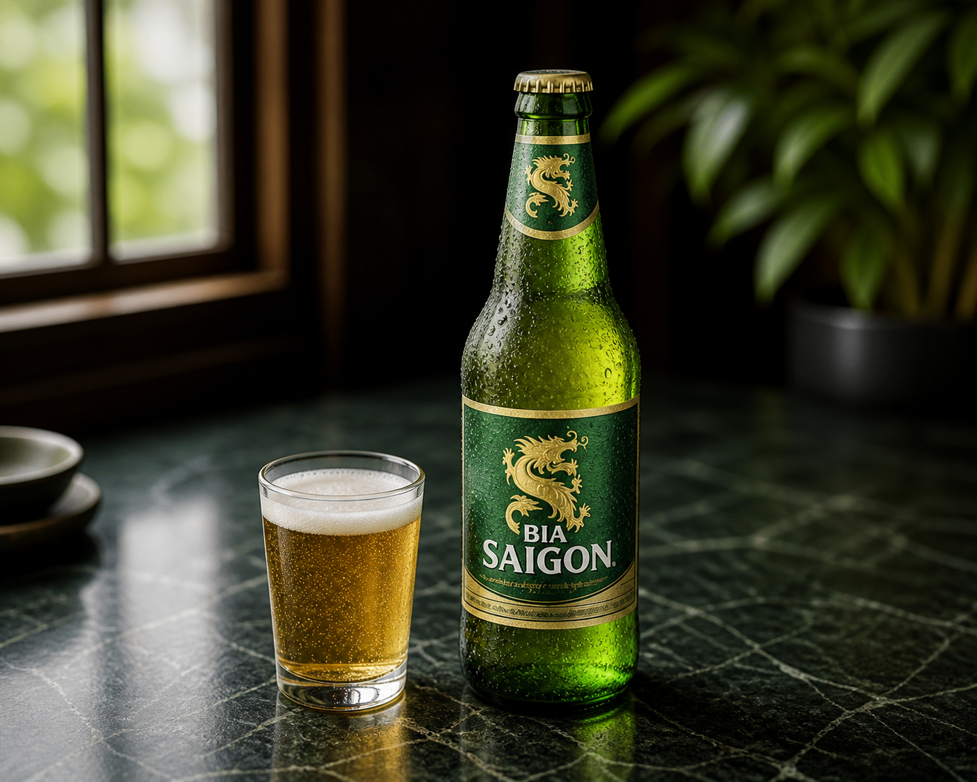 Gekühlte Bia-Saigon-Flasche mit frisch eingeschenktem Bier