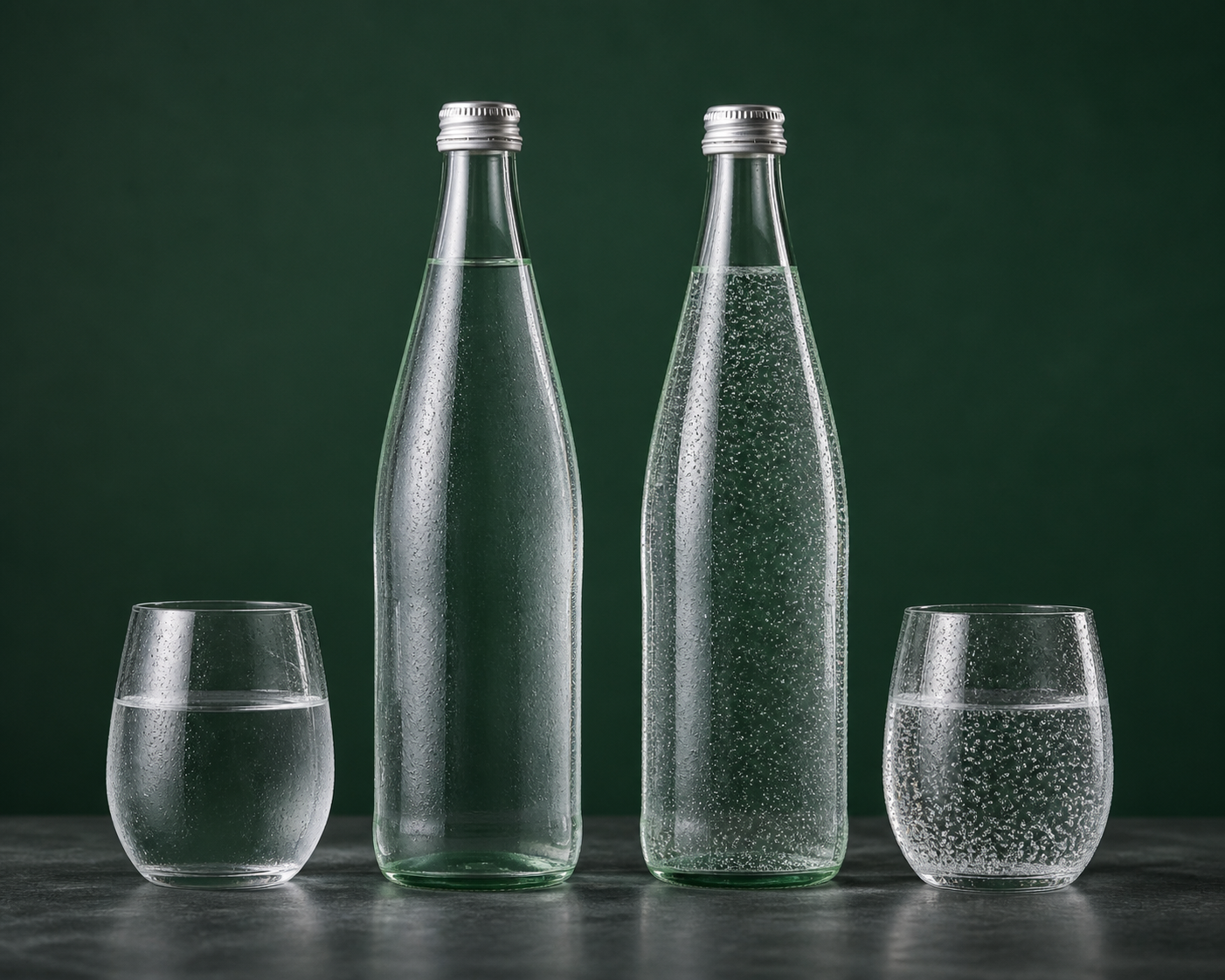 Stilles Wasser und Sprudel in zwei gekühlten Glasflaschen