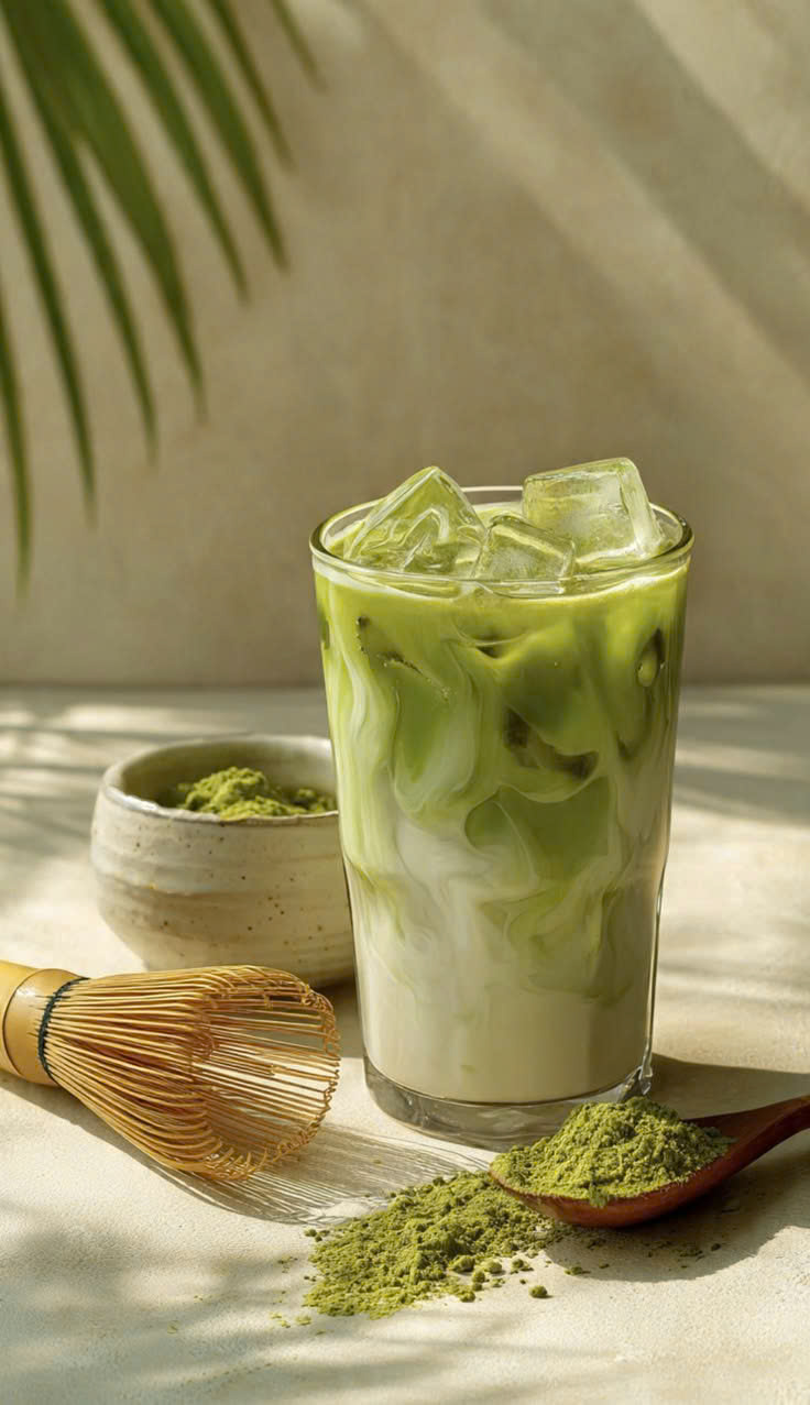 Iced Matcha Latte 450 ml mit Eiswürfeln im hohen Glas