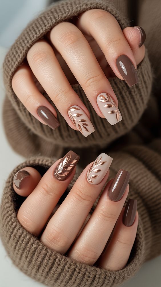 Braunes Nageldesign mit Blattmuster